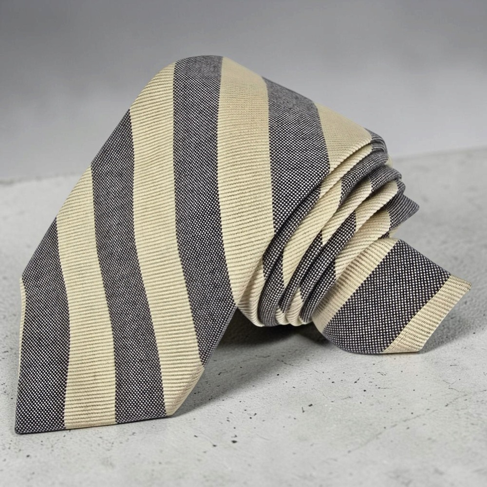 Faconnable Mens Silk Necktie Navy Blue Beige Diagonal Stripe Woven Silk 58x3.75